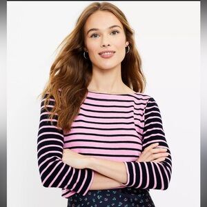 Ann Taylor LOFT Pink and Black Striped Harbor 3/4 Length Crew Neck Sweater Tee